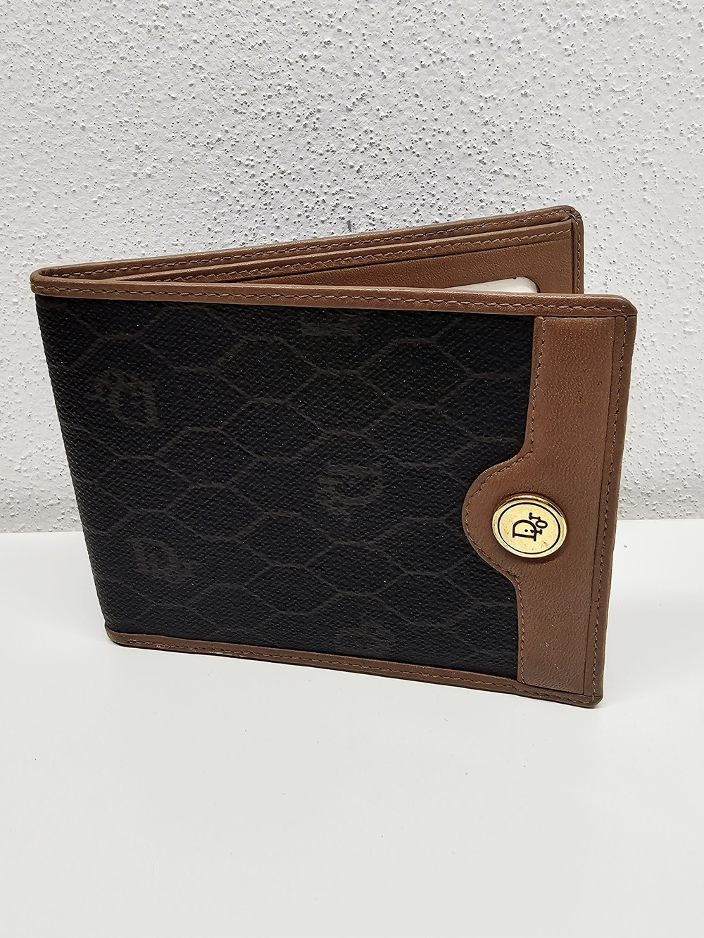 Dior Honeycomb Pattern Dark Brown and Tan Bi-Fold Wallet Vintage With COA
